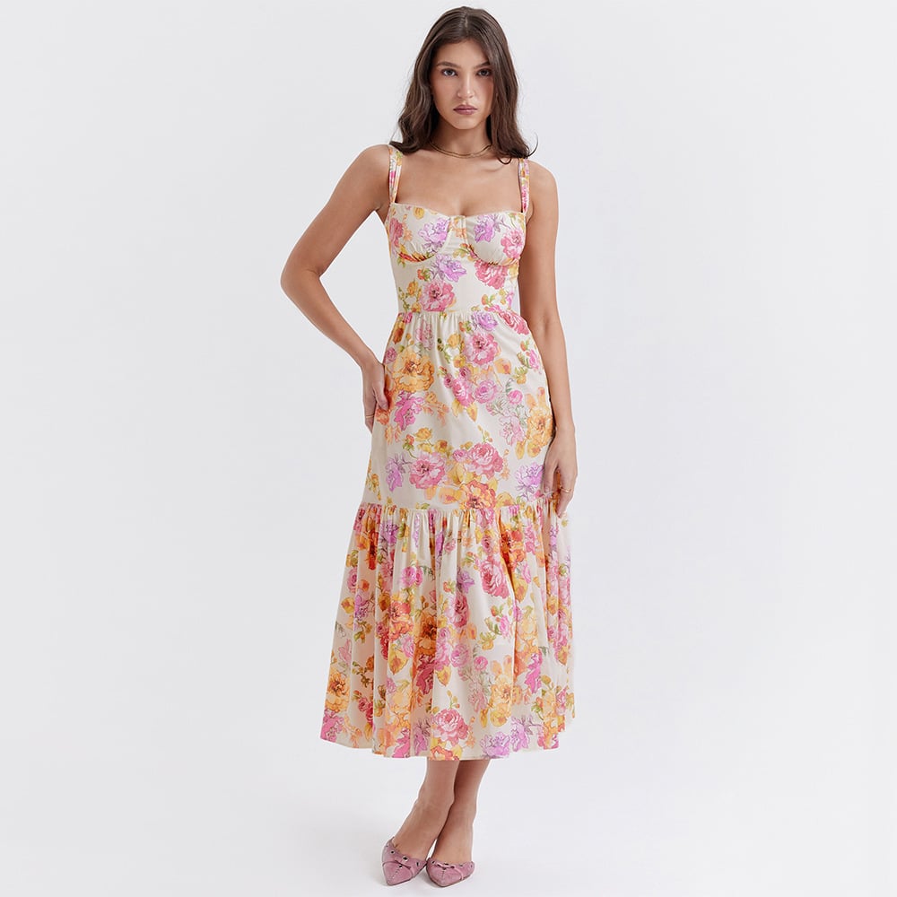 Summer Women's Floral Midi Skirt - Backless Sleeveless