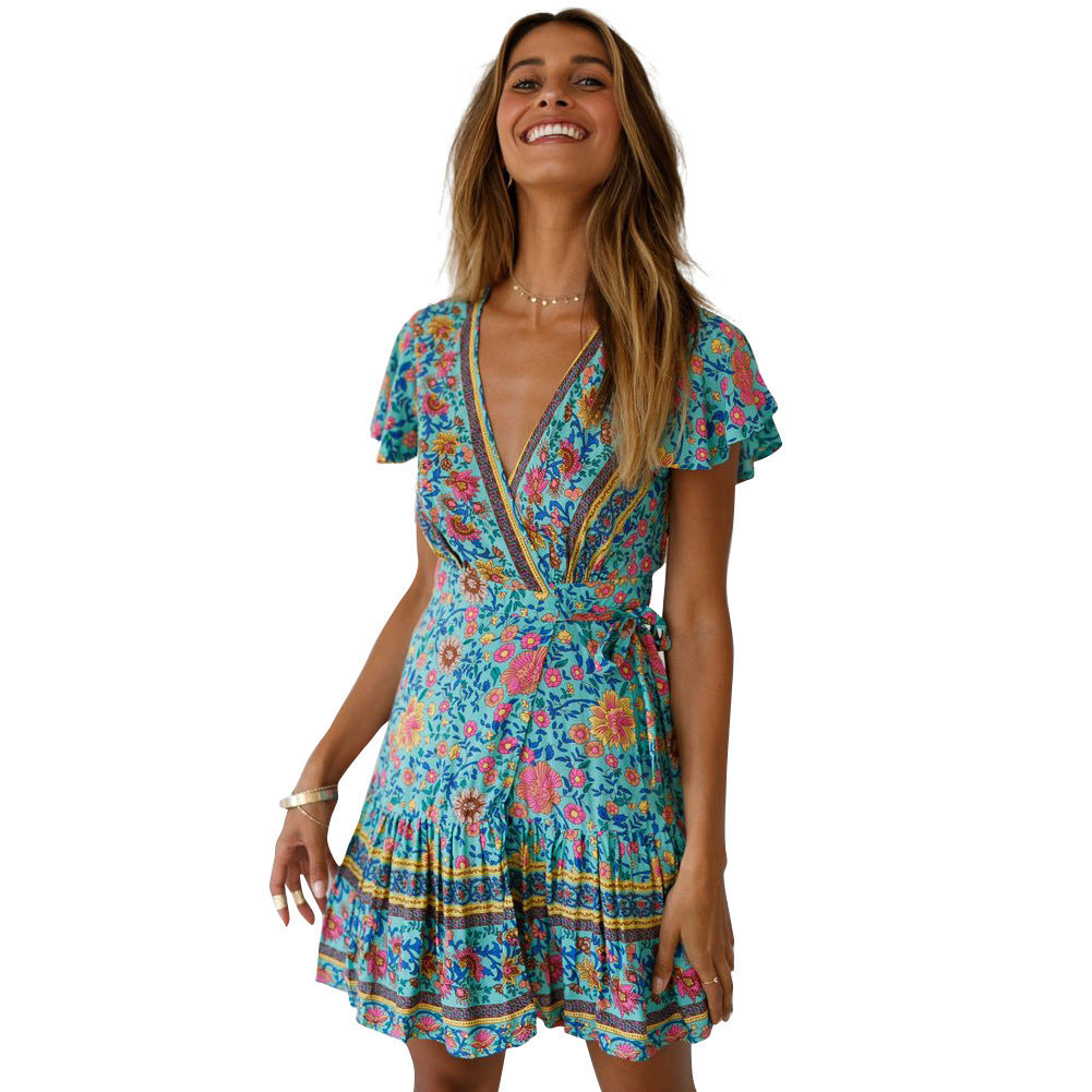 Women's Summer V-Neck Printed Dress - Short Skirt