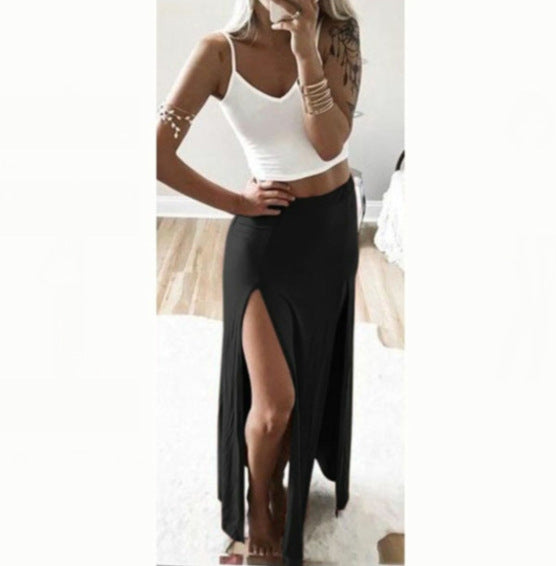 Summer Women's Double Slit Elastic Waist Skirt