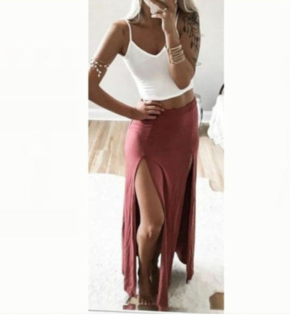 Summer Women's Double Slit Elastic Waist Skirt