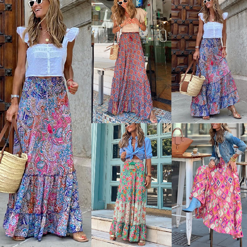 Women's Printed Long Skirt with Ruffle Edge