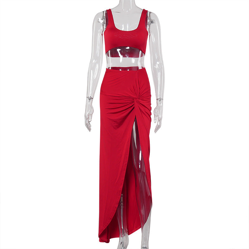 New Women's High-Slit Long Dress Set with Tank Top