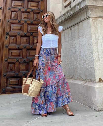 Women's Printed Long Skirt with Ruffle Edge