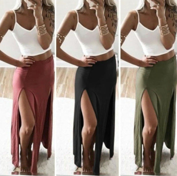 Summer Women's Double Slit Elastic Waist Skirt