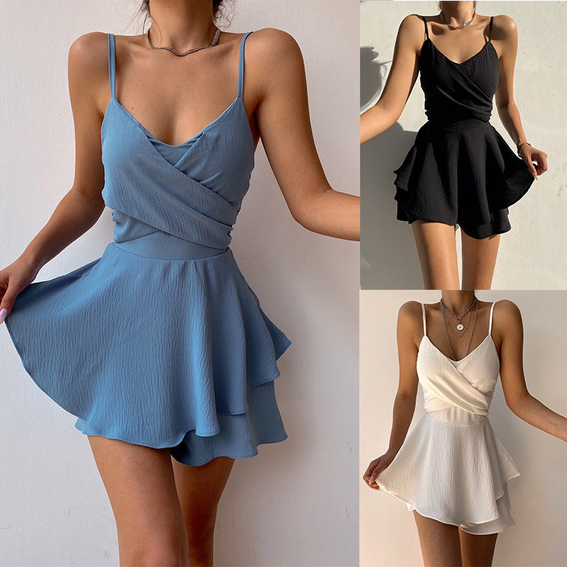 Summer Women's Solid Color Backless Suspender Dress