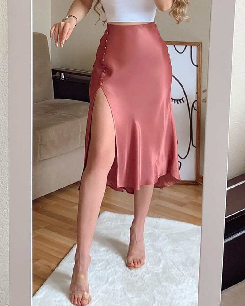 New Women's High Waist Polka Dot Slit Mid-Length Skirt