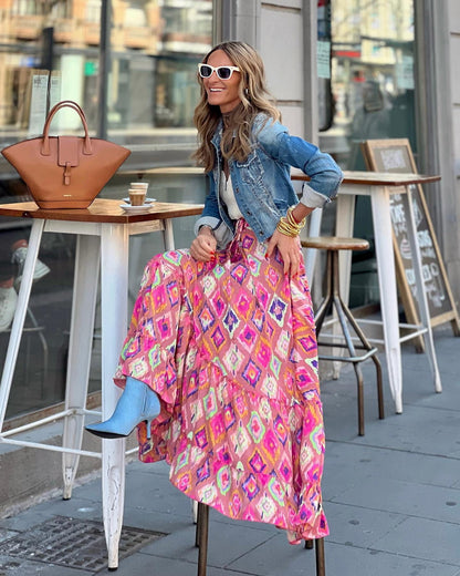 Women's Printed Long Skirt with Ruffle Edge
