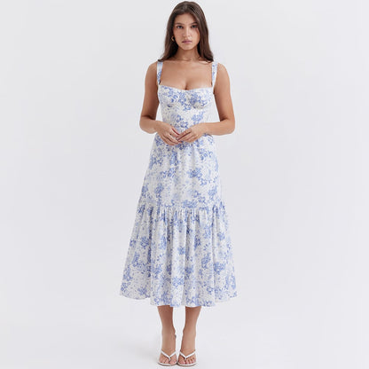 Summer Women's Floral Midi Skirt - Backless Sleeveless