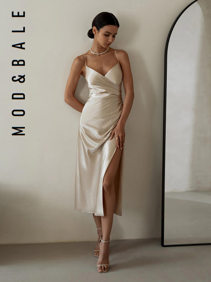 2021 Women's Summer Satin High Slit Evening Dress