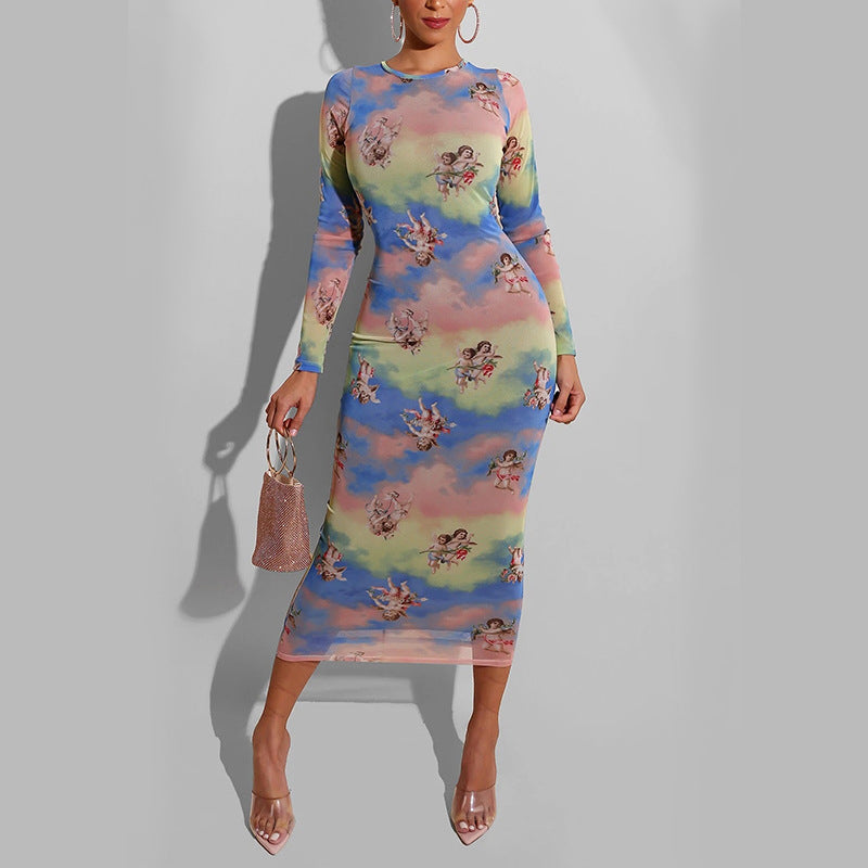 Women's Long Sleeve Mesh Printed Midi Skirt