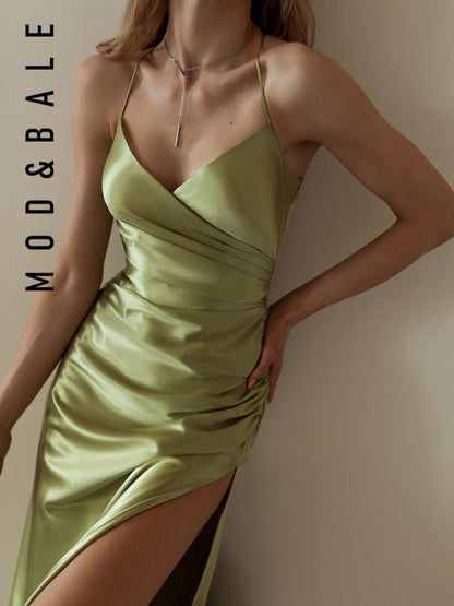 2021 Women's Summer Satin High Slit Evening Dress
