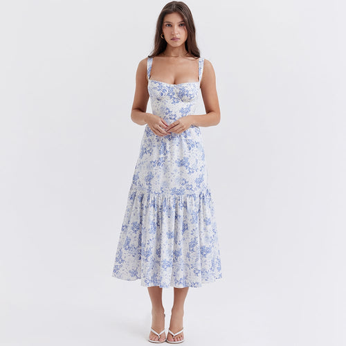 Summer Women's Floral Midi Skirt - Backless Sleeveless