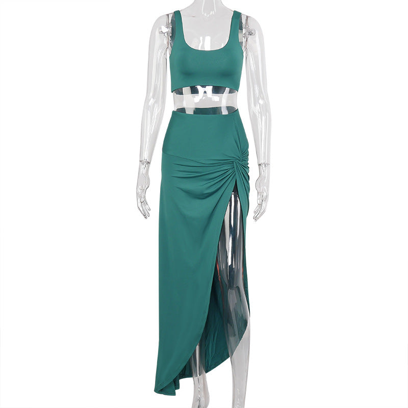 New Women's High-Slit Long Dress Set with Tank Top