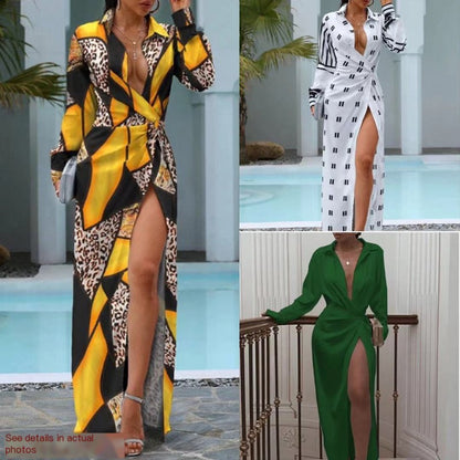 Women's Printed Long Sleeve Dress with Slit Design