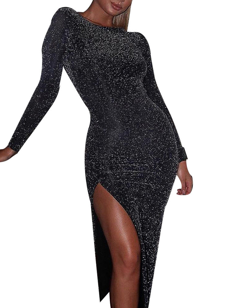 New Women's Sparkly Long Sleeve Dress with Slit