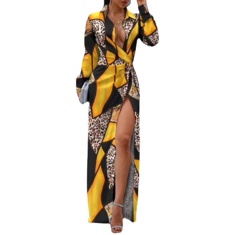 Women's Printed Long Sleeve Dress with Slit Design