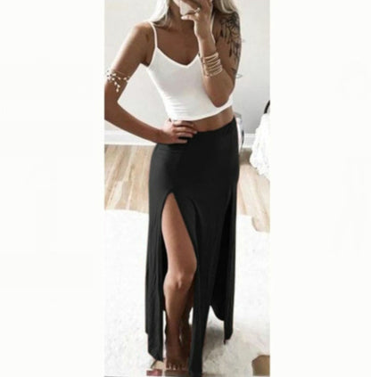 Summer Women's Double Slit Elastic Waist Skirt