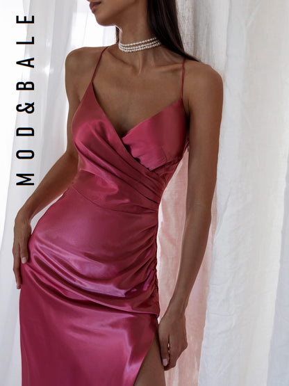 2021 Women's Summer Satin High Slit Evening Dress