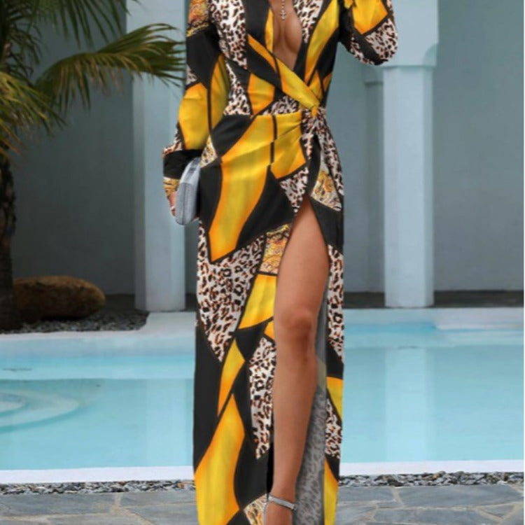 Women's Printed Long Sleeve Dress with Slit Design