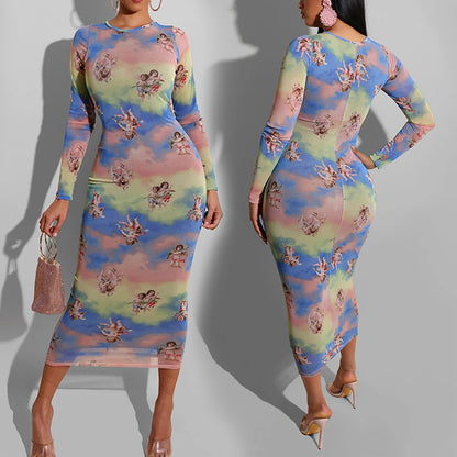 Women's Long Sleeve Mesh Printed Midi Skirt
