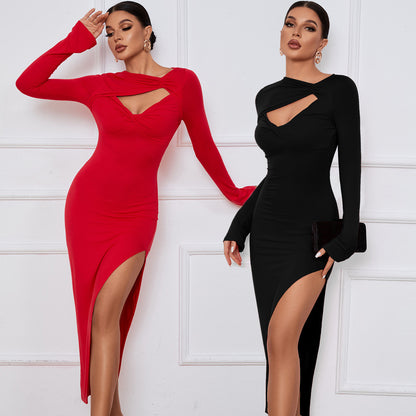 Slim Fit Women's Maxi Dress with Long Sleeves and Slit