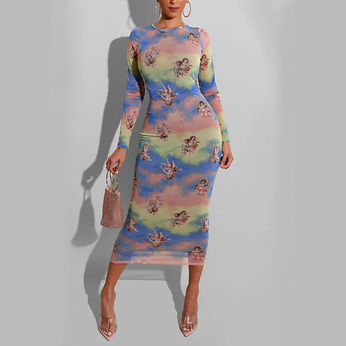 Women's Long Sleeve Mesh Printed Midi Skirt
