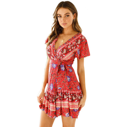 Women's Summer V-Neck Printed Dress - Short Skirt