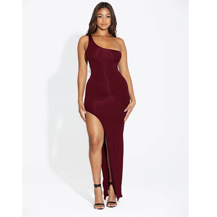 Women's High Slit Long Tight Shoulder Dress