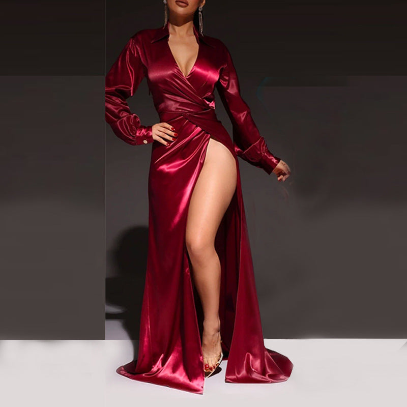Ultra-long Women's Dress with Side Slit Design